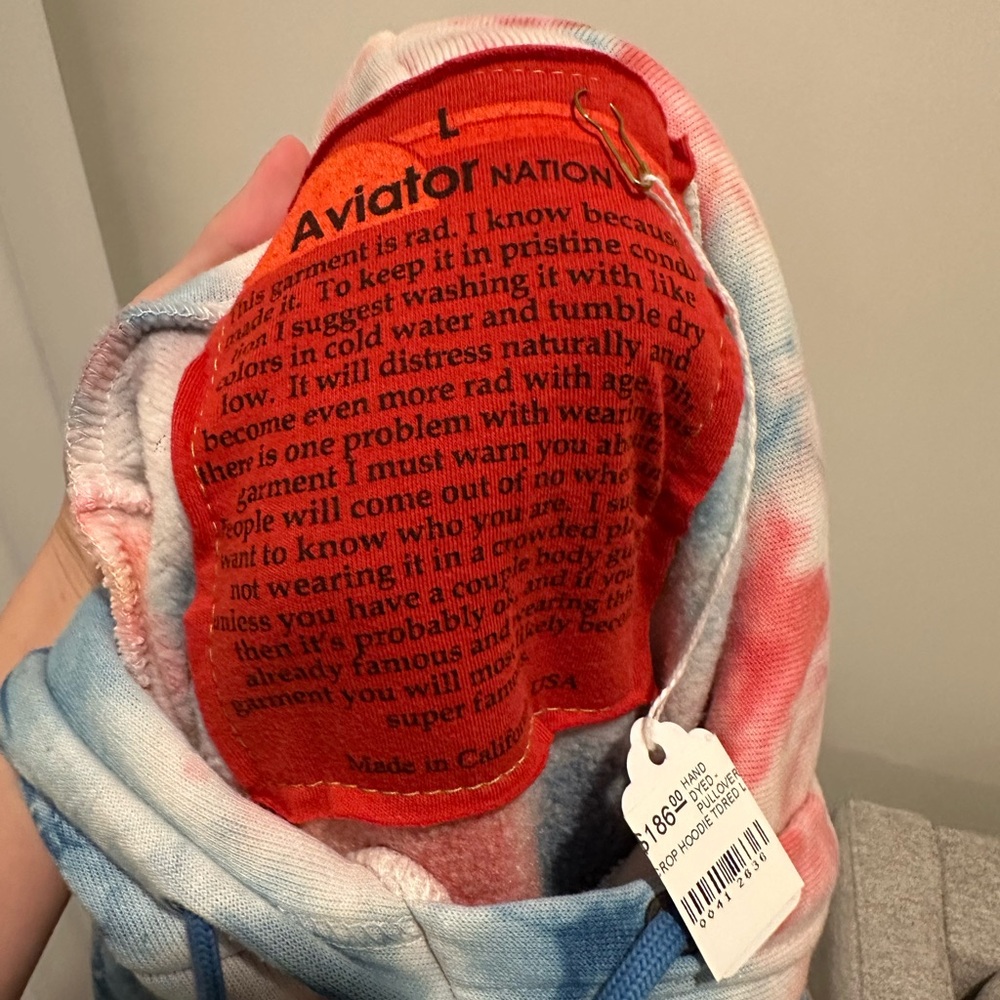 NWT AVIATOR NATION TIE DYED COTTON JERSEY HOODIE PULLOVER SIZE L - Picture 6 of 7